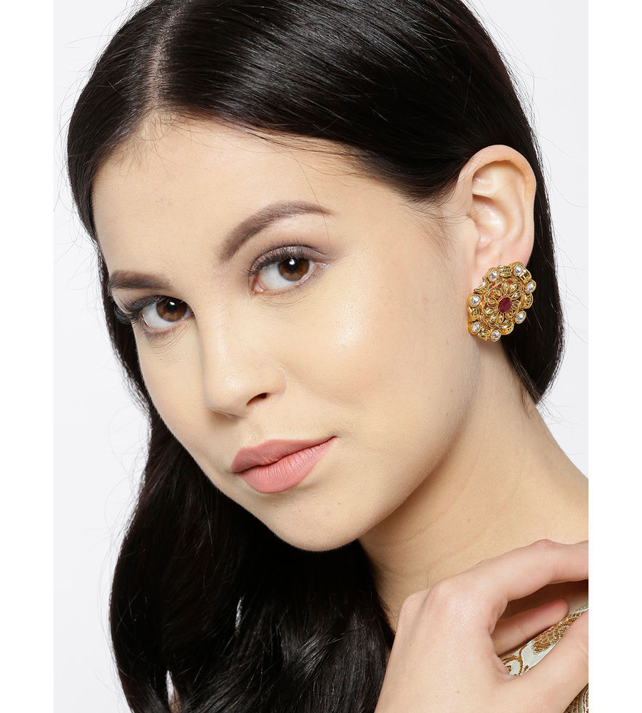 YouBella Red Gold-Plated Textured Circular Oversized Studs